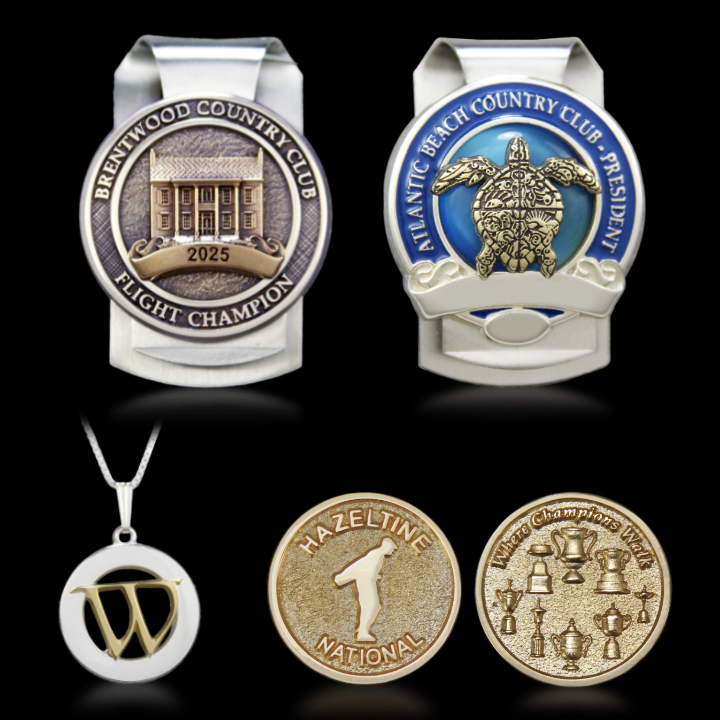 Malcolm DeMille made products: money clips, commemorative coin, necklace pendant